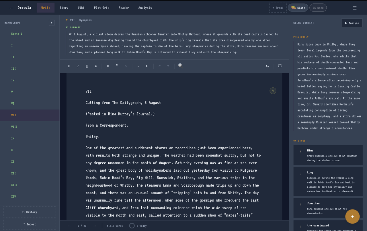 Canonscribe's Write tab, with chapters on the left, the manuscript editor in the center, and an AI summary plus live scene context — who's on stage, what happened previously — on the right.